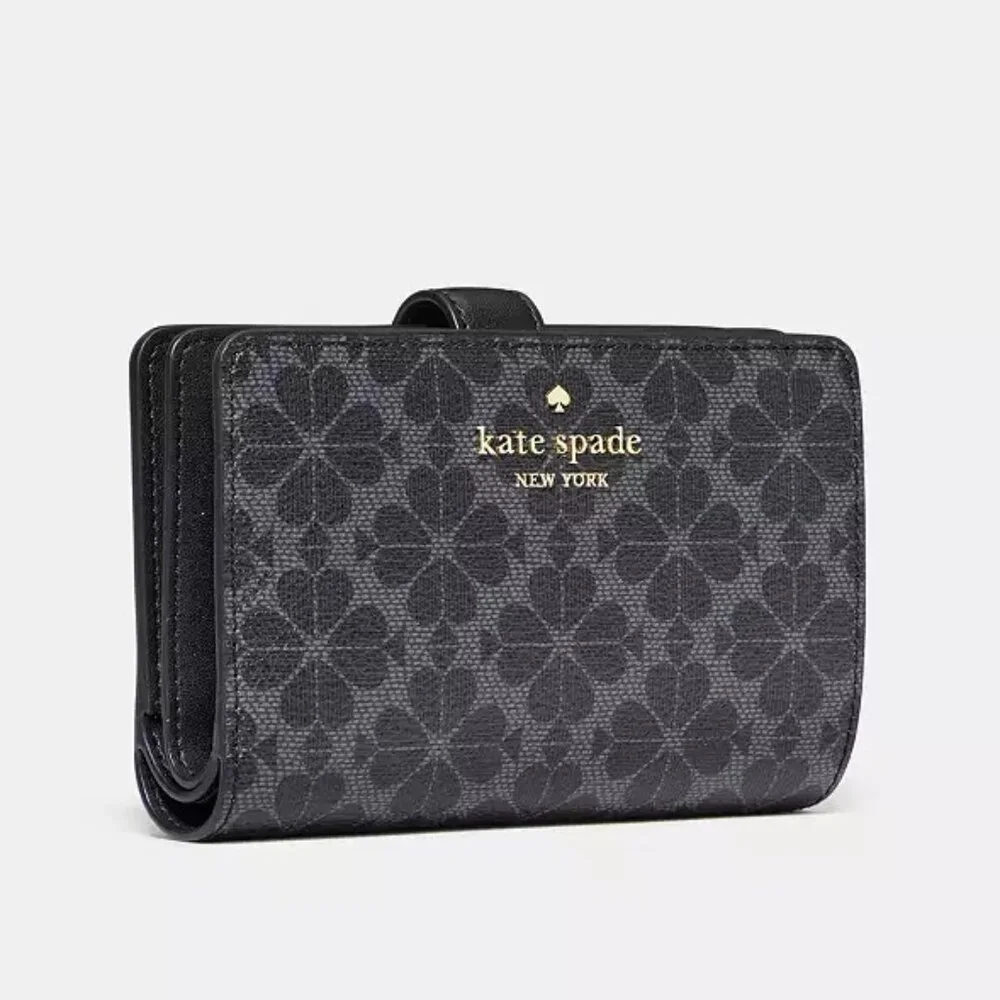 New Kate Spade Compact Bifold Wallet Black Signature Spade Flower pattern - Picture 3 of 3